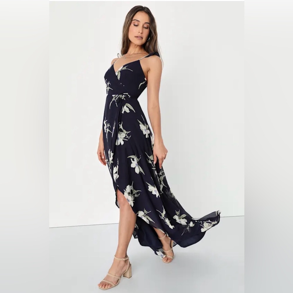 Lulus All Mine Navy Blue Floral Print High-Low Wrap Dress. New with Tags Size L